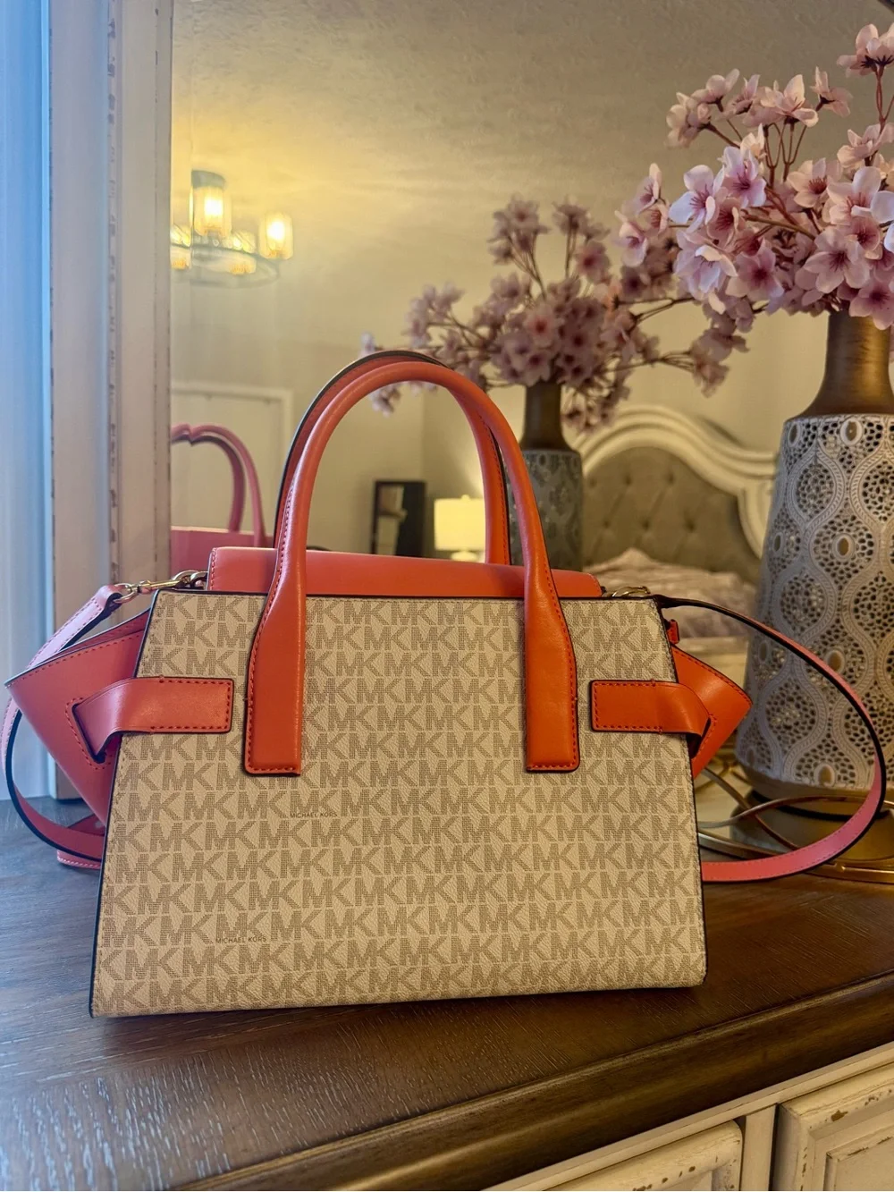 Michael Kors Coral & Beige Signature Satchel with Chain-Trim Strap + Crossbody
